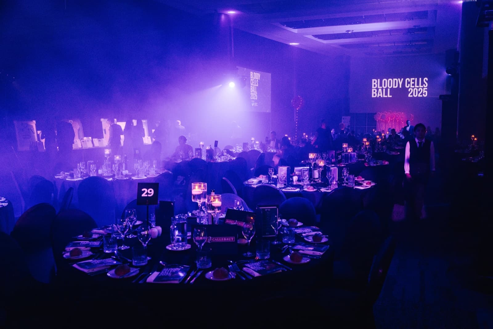 The 2025 Bloody Cells Ball ballroom under purple lighting with the event wordmark glowing on the back screens